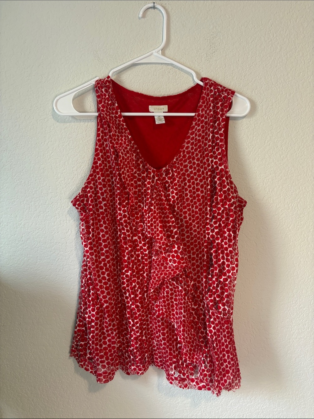 Chico's Red Polka-Dot V-Neck Sleeveless ruffle lace Tank fully lined L